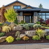 In front of a semi-modern house is maintenance-intensive landscaping. Generative AI image captured directly at the residence